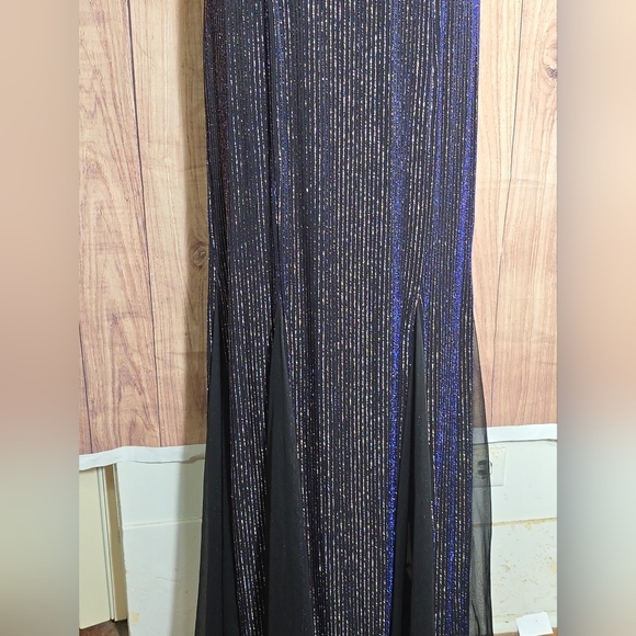 Nightway Black/BlueDress With Metallic Stripes Embellished Halter Maxi Gown 10 - Picture 9 of 12